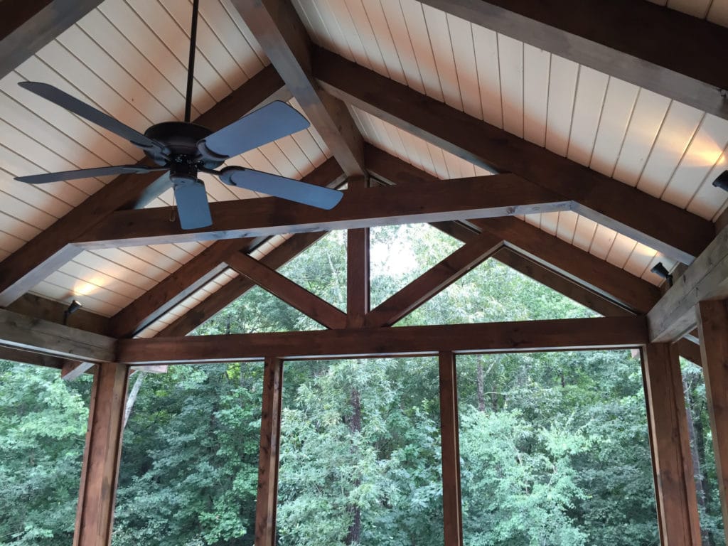 outdoor porch’s rafters and ceiling fan